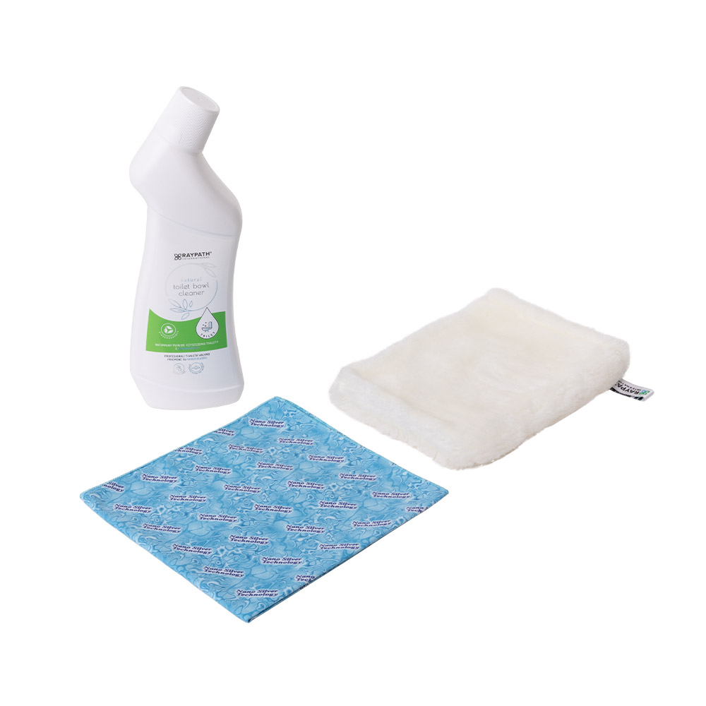 172493448566d0695558df9 The Zestaw Mini Łazienka set, featuring a white bottle with a green label, a blue patterned cleaning cloth, and a fluffy white mitt, is displayed on a white background.