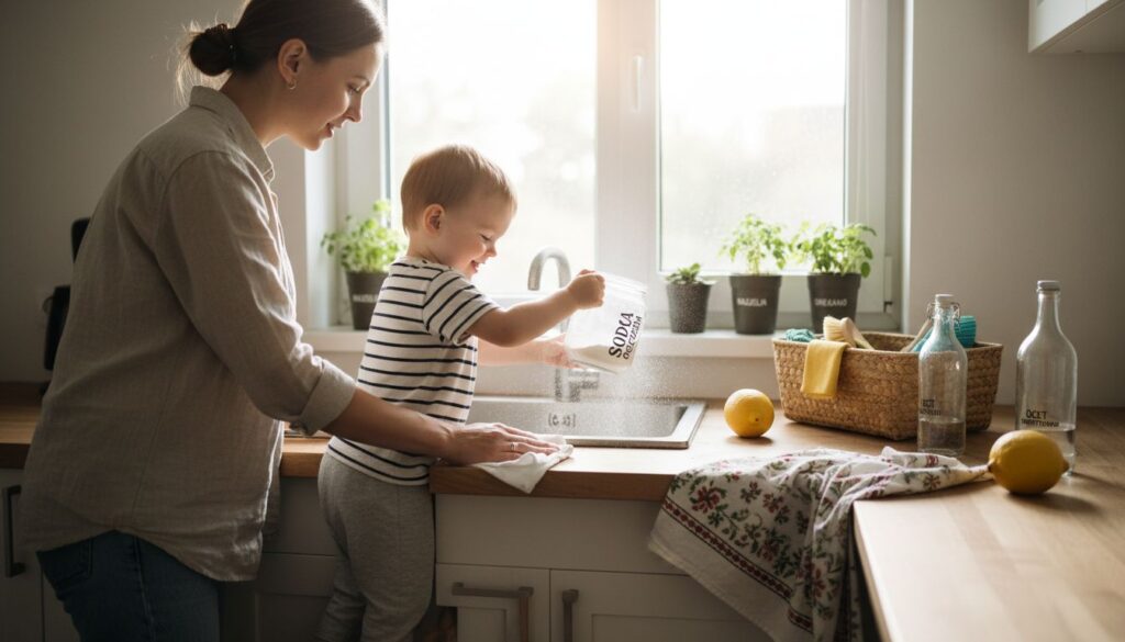 A woman helps a young child standing on the kitchen counter pour baking soda into the sink, showing the korzyści sprzątania bez chemii. Sunlight streams through the window, with lemons, a towel, and potted plants on the countertop.