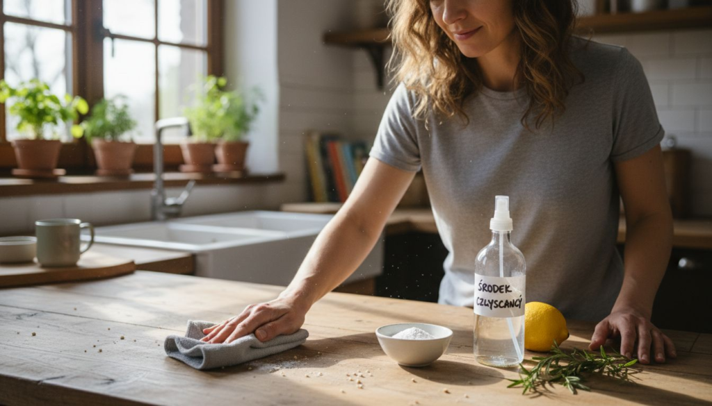 A woman cleans a wooden kitchen counter with a cloth, following a checklista sprzątania bez chemikaliów. On the counter are a bowl of powder, a spray bottle labeled Środek czyszczący, a lemon, and some herbs. Sunlight streams in through the window.