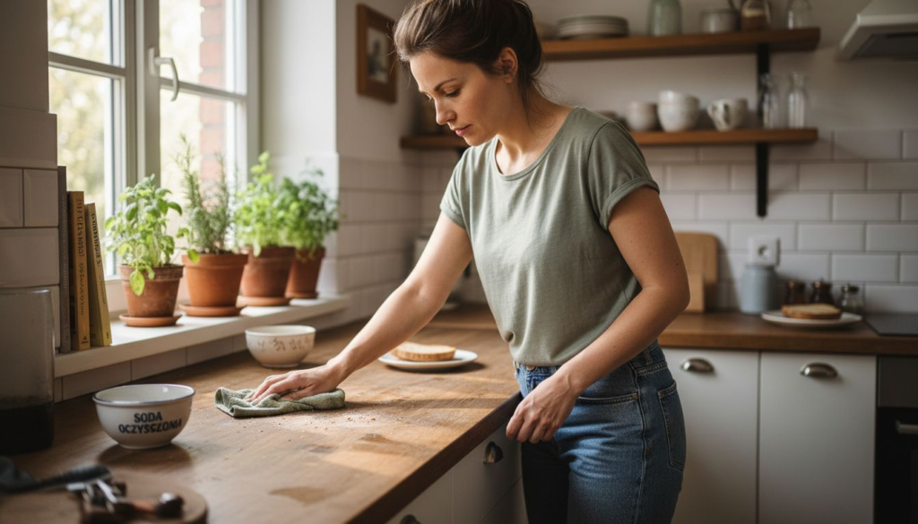 A woman in a green shirt and jeans wipes crumbs off a wooden kitchen counter near a window with potted plants, pokazując jak dbać o czystość bez chemii. Shelves with dishes and mugs are visible in the background.