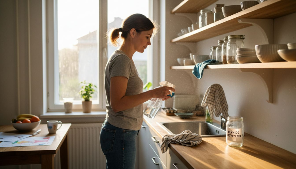 A woman stands in a sunlit kitchen, cleaning the countertop with a spray bottle and cloth, demonstrating czyszczenie bez chemii krok po kroku. Open shelves hold dishes and jars above her; sunlight streams through a window lined with plants.