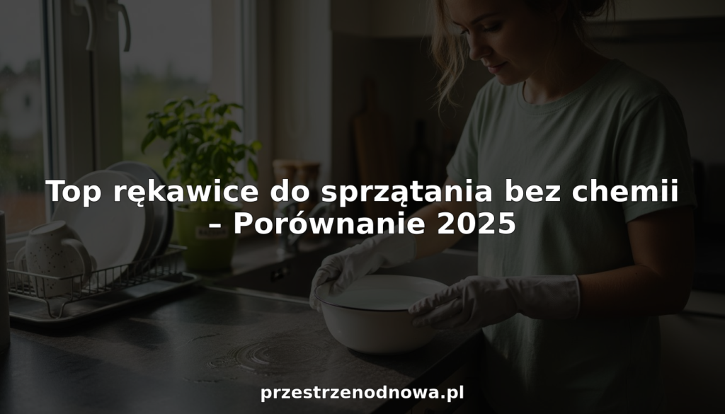 A woman in cleaning gloves washes a plate in a modern kitchen. The Polish text reads, Top rękawice do sprzątania bez chemii – Porównanie 2025, highlighting the best chemical-free cleaning gloves, with a website address below.