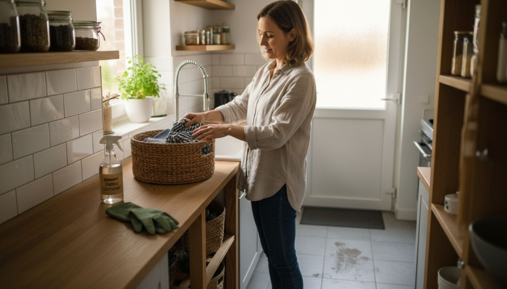 A woman stands in a bright kitchen, organizing cloth towels in a woven basket on the counter. Nearby, cleaning supplies and gloves—typy akcesoriów do sprzątania domu—are arranged, and a wet spot is visible on the tiled floor behind her.