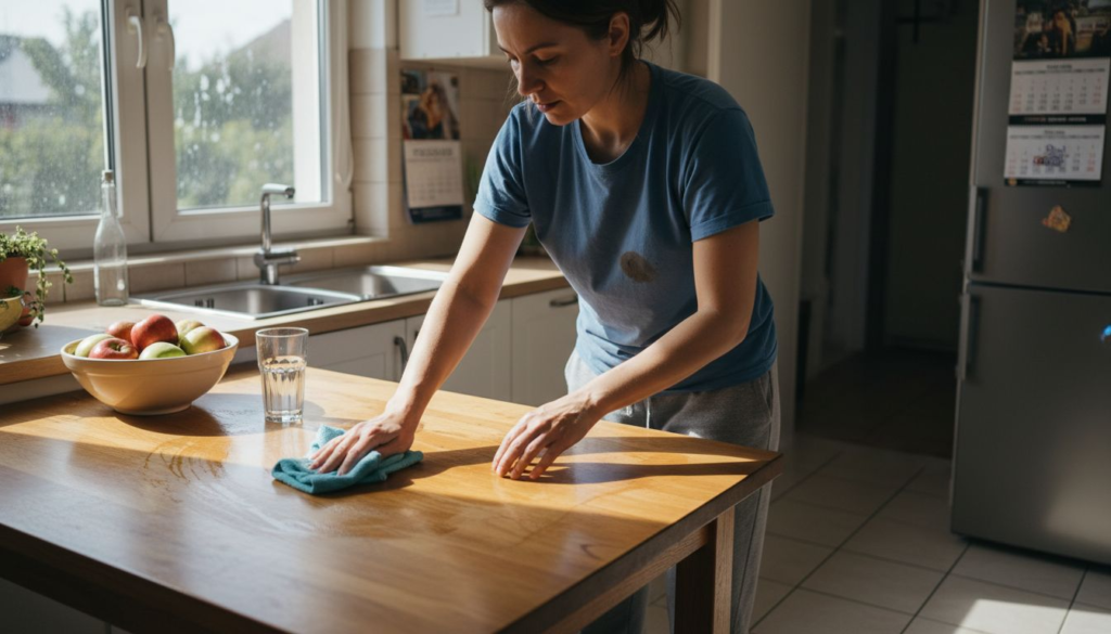 A person in casual clothes wipes a wooden kitchen table with a cloth, showing jak myć bez detergentów. A bowl of fruit and a glass of water sit on the table as sunlight streams in through a nearby window.