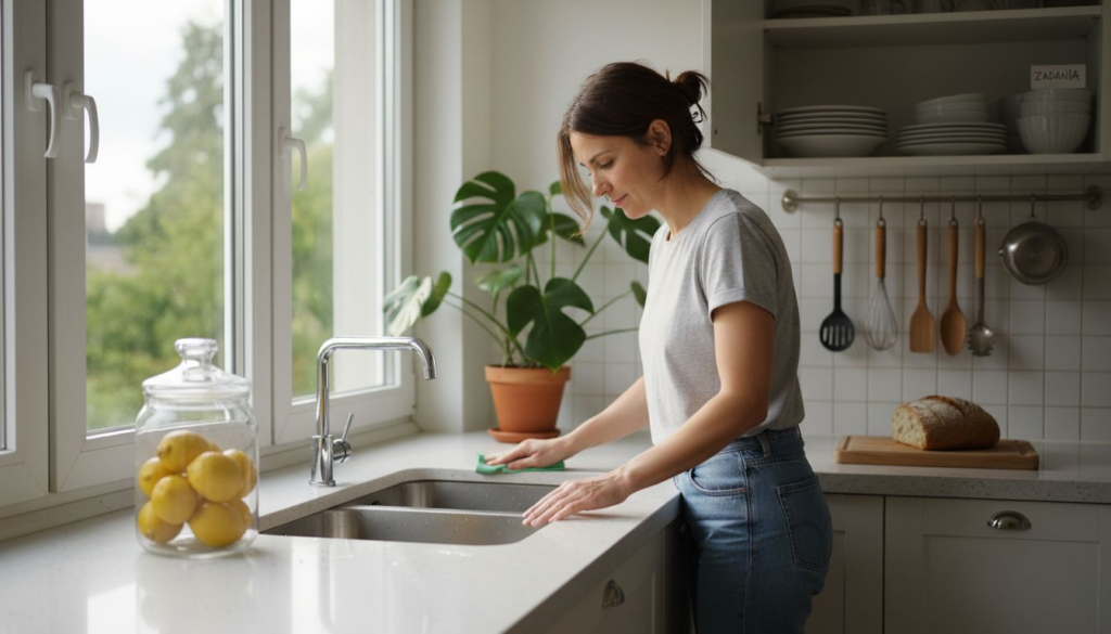 A woman in a casual outfit cleans a kitchen counter by a sink, sunlight streaming in, demonstrating co to jest czyszczenie powierzchni bez chemii amid jars of lemons, plants, bread, and utensils on the bright countertop and shelves.