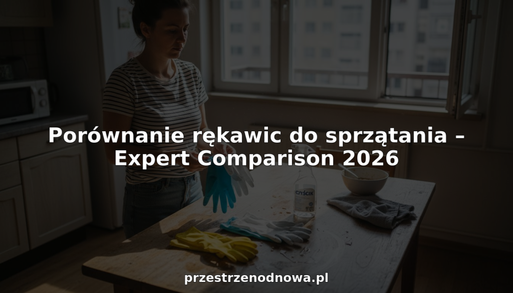 A woman stands in a kitchen by a wooden table displaying porównanie rękawic do sprzątania, with various cleaning gloves, a spray bottle, and cloths. Text reads “Porównanie rękawic do sprzątania – Expert Comparison 2026.”.