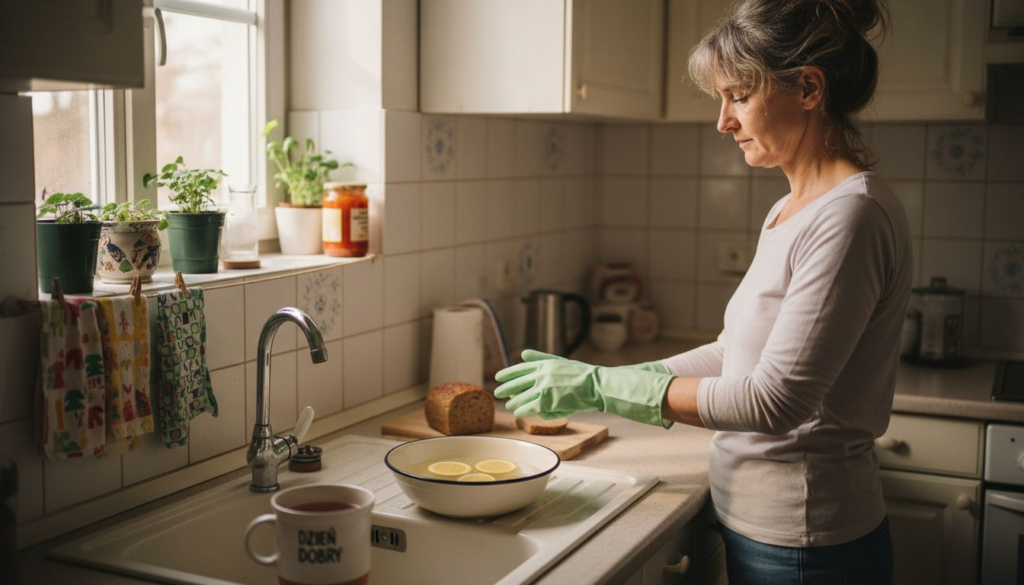 A woman wearing green rubber gloves, czyli czym są rękawice do czyszczenia, stands in a sunlit kitchen, preparing lemons in a bowl. Fresh bread, potted plants, and other kitchen items surround her on the counter.