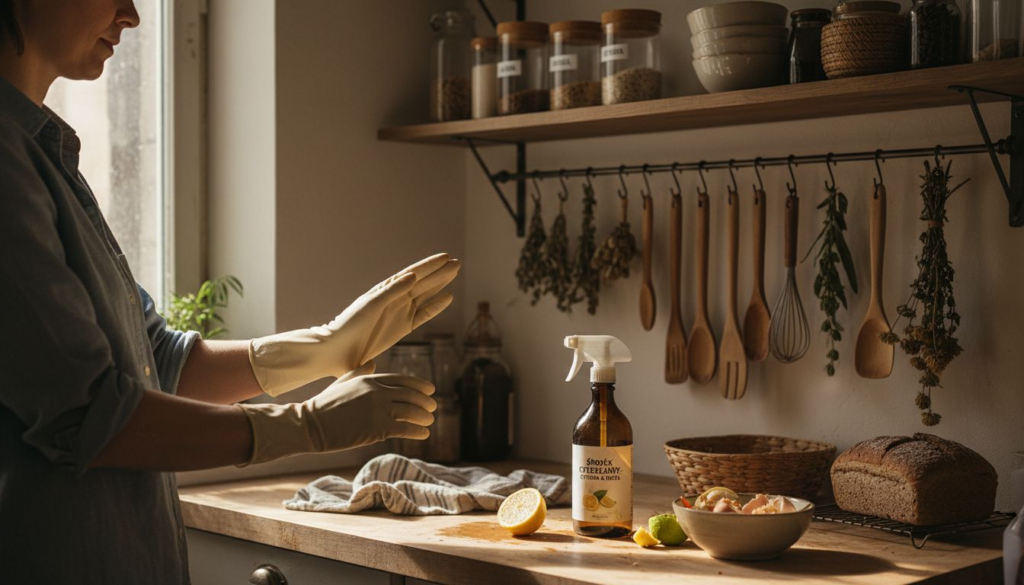 A person puts on rubber gloves—co to są rękawice do sprzątania ekologicznego—in a cozy kitchen with wooden shelves, hanging utensils, a spray bottle, halved lemon, garlic bowl, and bread on the wooden countertop as natural light streams in.