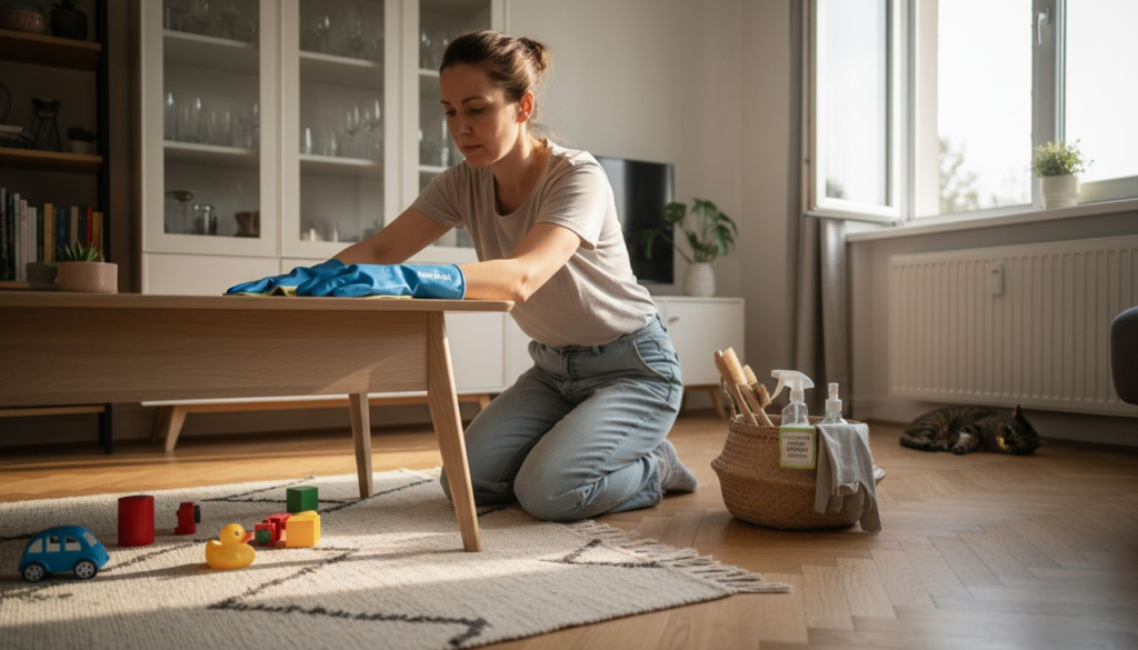 A woman wearing blue gloves kneels on a rug and cleans a wooden coffee table using a workflow sprzątania bez użycia chemikaliów. Cleaning supplies are in a basket nearby, children’s toys are scattered, and a cat rests by the window.