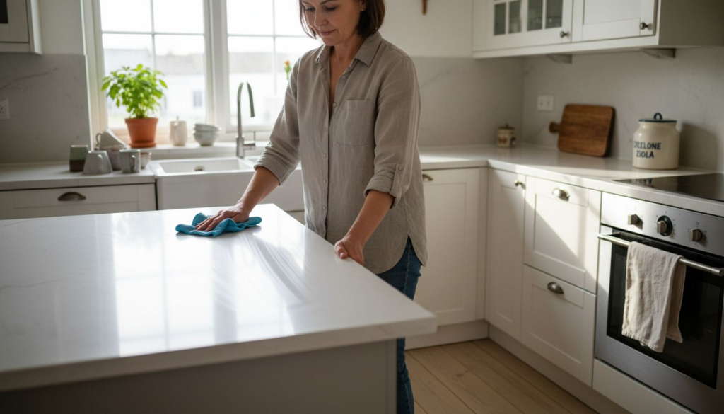 A person wearing a light shirt wipes a white kitchen island with a blue cloth in a bright, modern kitchen, showing co to jest czyszczenie bez chemii among white cabinets, a sink, and a plant by the window.