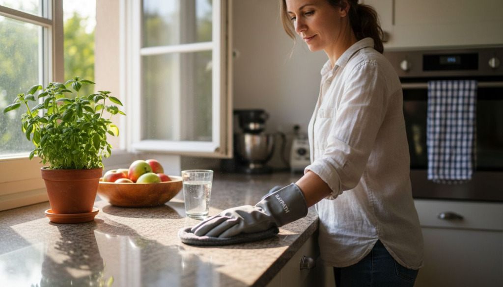 A woman in a white shirt wipes a kitchen counter near a window, using the rola rękawicy czyszczącej. Sunlight streams in on a potted basil plant, bowl of apples, and glass of water. The kitchen appears clean and bright.
