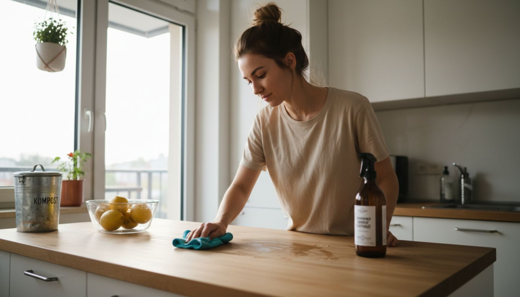 A woman wipes a wooden kitchen counter with a cloth, highlighting rola akcesoriów do sprzątania wielokrotnego użytku. A spray bottle, metal compost bin, and a bowl of lemons sit on the counter as sunlight streams through large windows.
