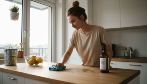 A woman wipes a wooden kitchen counter with a cloth, highlighting rola akcesoriów do sprzątania wielokrotnego użytku. A spray bottle, metal compost bin, and a bowl of lemons sit on the counter as sunlight streams through large windows.