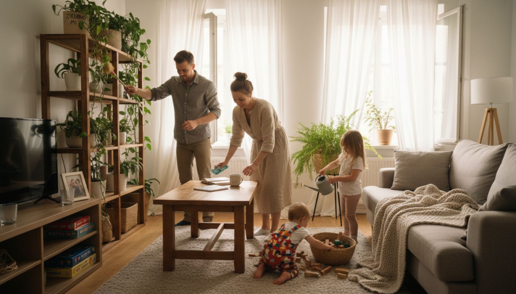 A family in a bright living room uses najlepsze praktyki czyszczenia bez chemii: two adults organize and water plants, a young child helps water, and a toddler plays with blocks near the sofa and woven basket.