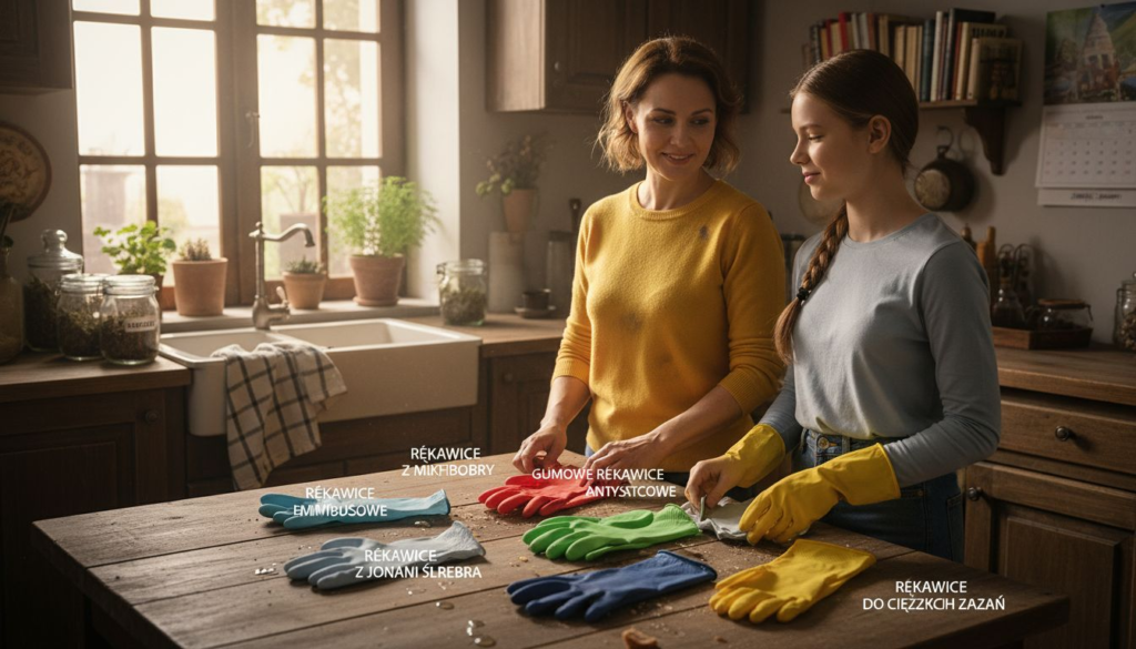 Two women in a cozy kitchen put on different colored rubber gloves labeled in Polish, exploring typy rękawic do sprzątania. Various gloves with descriptive tags are laid out on the wooden table as sunlight streams through the window.