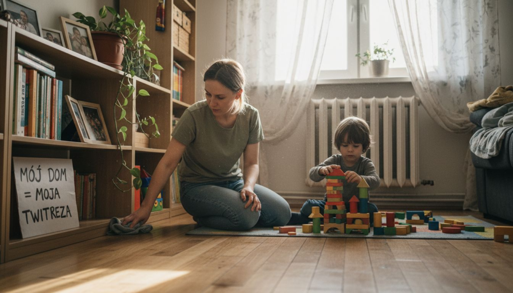 A woman follows etapy sprzątania ekologicznego as she cleans the floor next to a child playing with colorful wooden blocks on a mat in a cozy, sunlit living room. A bookshelf and a sign with Polish text are visible in the background.