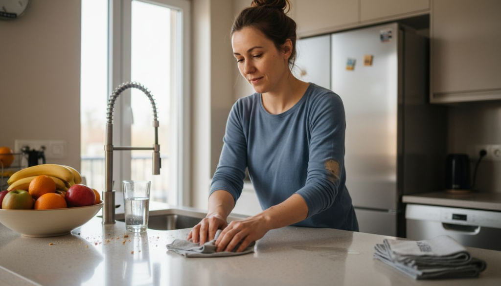 A woman in a blue shirt wipes crumbs from a kitchen counter with a cloth, wondering czym są czyściki z nanosrebrem. A bowl of fruit and a glass of water sit nearby as sunlight pours in through the window behind her.