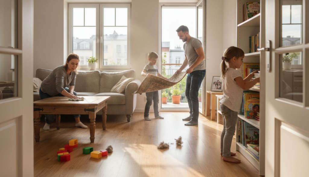 A family cleans a bright living room together, using methods showing czym jest czyszczenie bez środków chemicznych; a woman wipes the coffee table, while others tidy and lift rugs. Sunlight streams in over scattered toys and books on the wooden floor.