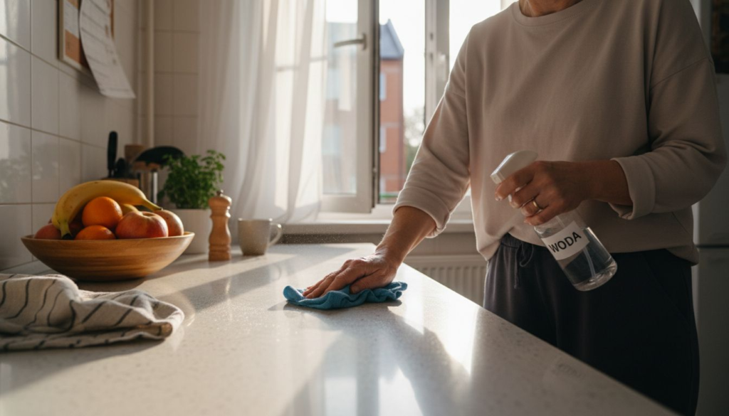 A person follows sprzątanie krok po kroku, cleaning a kitchen counter with a blue cloth and a spray bottle labeled “SODA.” Sunlight streams through the window, and a bowl of fruit sits on the counter.