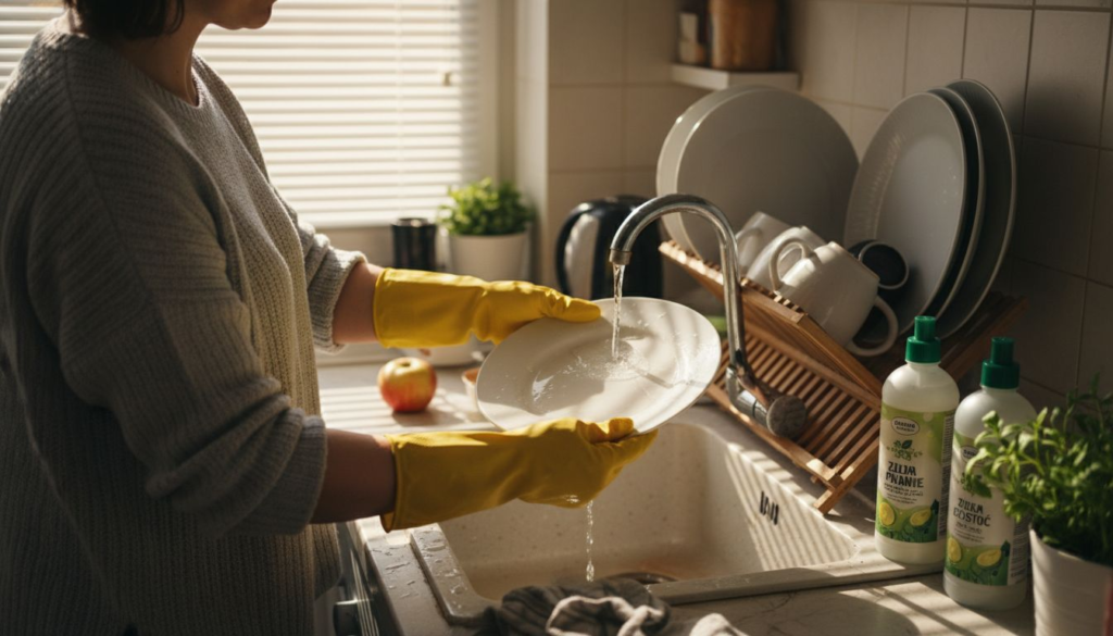 A person wearing yellow rubber gloves—co to są rękawice do sprzątania—washes a white plate under running water at the kitchen sink, with dish soap bottles, clean dishes in a rack, and sunlight streaming in through a window.