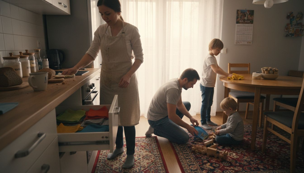 A woman prepares food at the kitchen counter while a man and two children play with wooden toys in a bright, cozy family kitchen, enjoying the zalety czyszczenia bez chemii for a safe, healthy home.