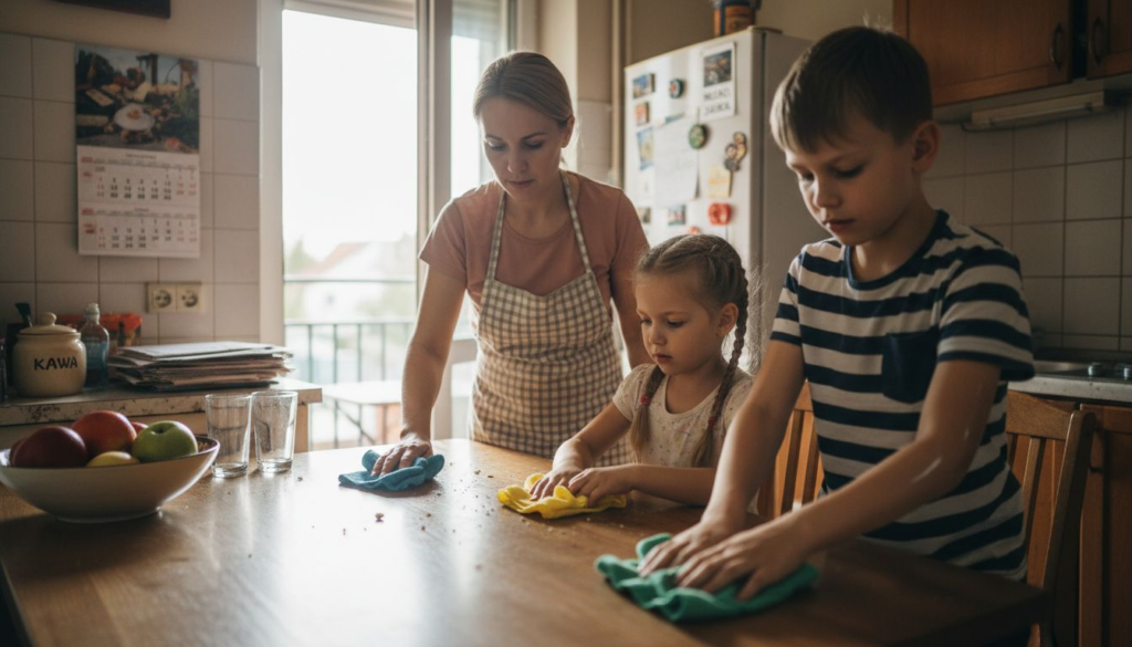 A woman and two children are cleaning a wooden kitchen table together using cloths, showing co oznacza sprzątanie bez detergentów. The bright, tidy kitchen is filled with sunlight and various items in the background.