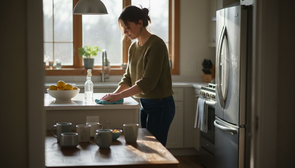 A woman in a sweater wipes down a kitchen counter with a cloth, practicing cleaning without chemicals. Sunlight streams through the window, illuminating the modern kitchen with a fridge, bowls of fruit, and several mugs on the wooden table in front.
