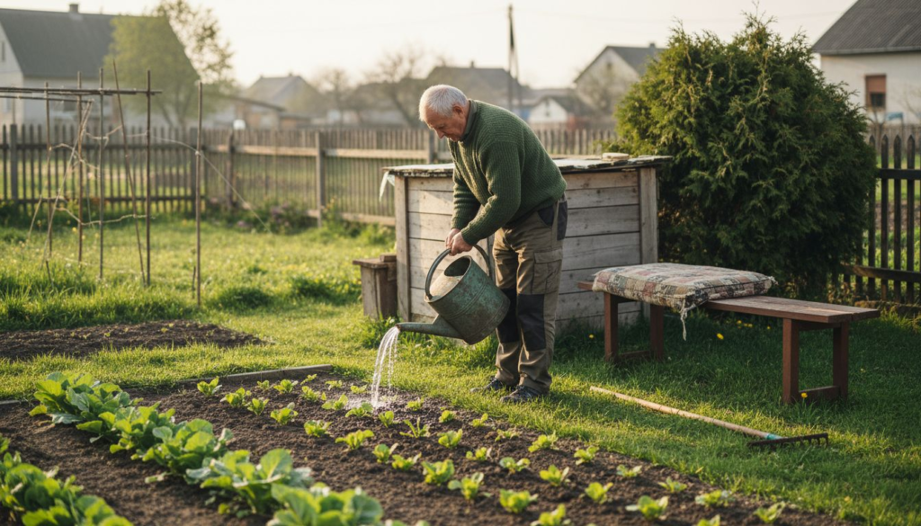 An elderly man in a green sweater waters rows of young plants in a garden, embracing rolnictwo ekologiczne a czystość domu. A wooden bench and shed sit nearby, with houses visible in the background.