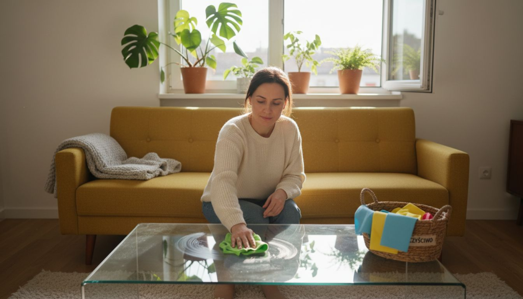 A woman in a white sweater cleans a glass coffee table in a bright living room with a yellow sofa, using wskazówki do utrzymania czystości bez chemii. Sunlight streams through an open window, and houseplants sit on the windowsill.