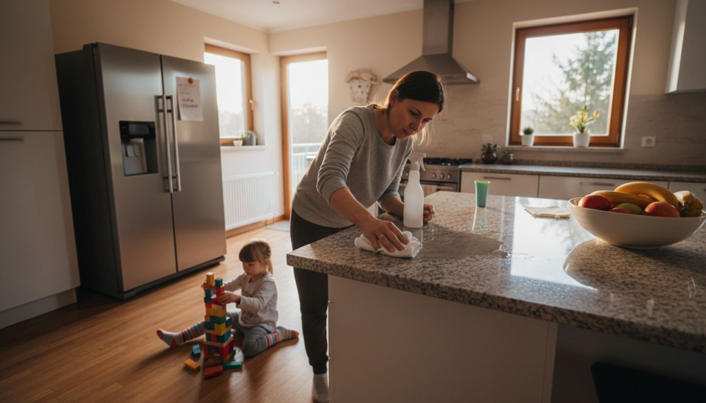 A woman wipes a kitchen counter with a cloth, showcasing zalety produktów z nanosrebrem, while a young child plays with colorful building blocks nearby. The bright kitchen is filled with natural light and features a bowl of fruit on the counter.