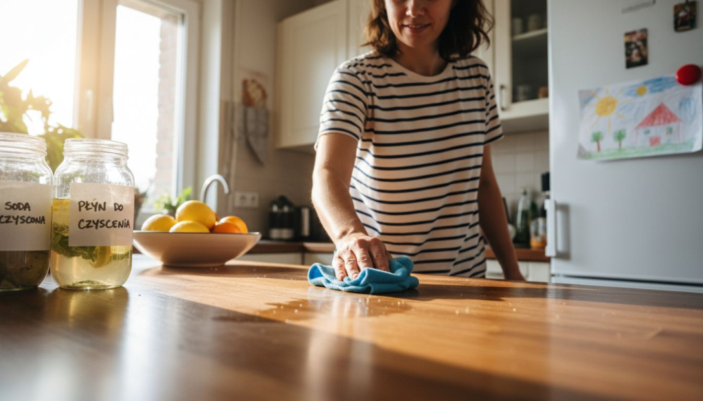 A woman in a striped shirt wipes a wooden kitchen counter with a blue cloth—perhaps using alternatywy dla chemicznych detergentów. Jars labeled in Polish, fruit, and children’s artwork brighten the tidy kitchen.