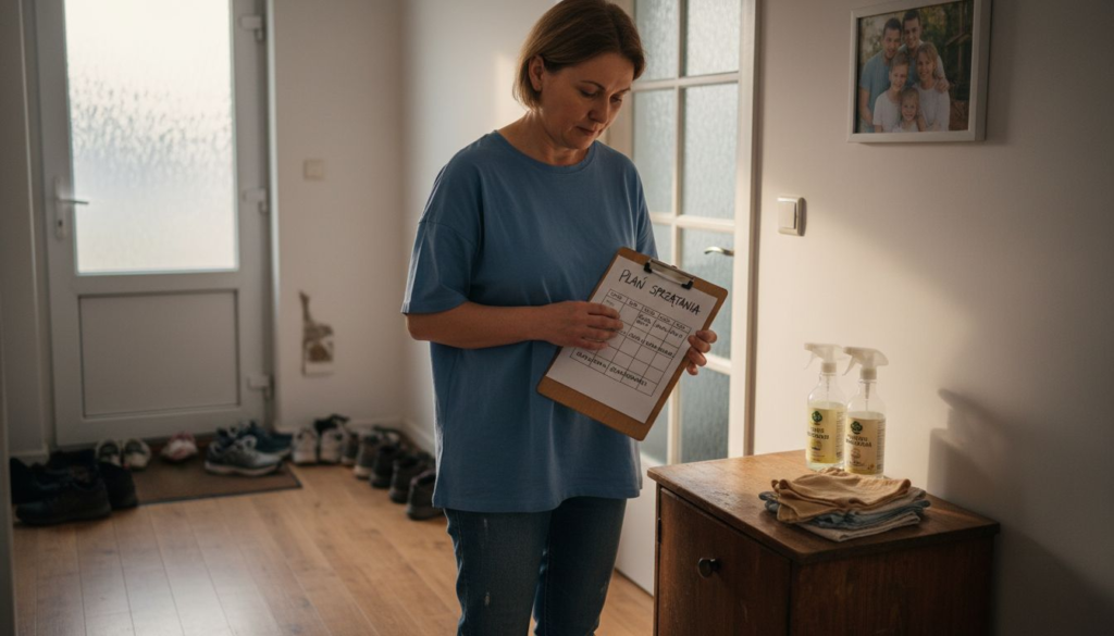 A woman holding a clipboard reviews the proces utrzymania czystości w domu in a hallway. Several pairs of shoes rest by the door, cleaning supplies are on a wooden cabinet, and family photos decorate the wall.