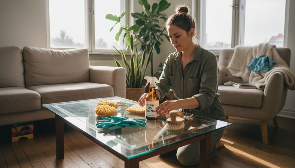 A woman in casual clothes kneels by a glass coffee table, preparing a lista akcesoriów do sprzątania eko—gloves, sponges, brush, spray bottle. Sunlight fills the cozy living room with plants and neutral furniture.
