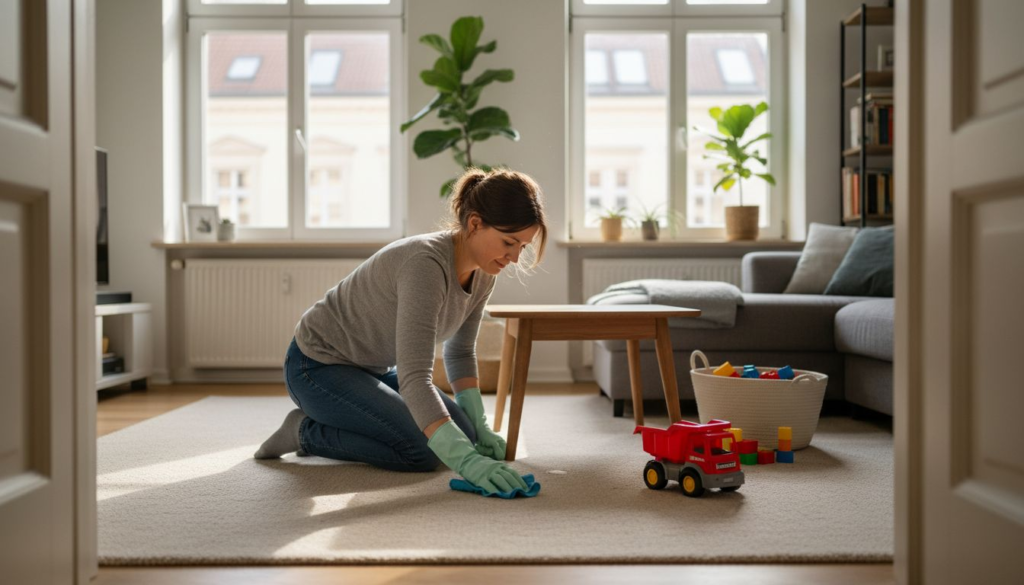 A woman wearing gloves kneels on a carpet in a bright living room, practicing zdrowe sprzątanie krok po kroku as she cleans the floor near a coffee table. A toy truck, colorful blocks, large windows, and potted plants complete the cozy scene.