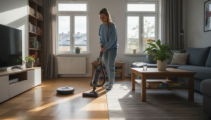 A woman vacuums the wooden floor of a bright living room while a robotic vacuum—pokazując rola innowacji w sprzątaniu domu—cleans nearby. The room features a gray sofa, coffee table with a plant, and large windows letting in natural light.
