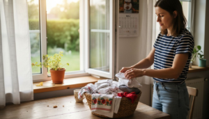 A woman stands by an open window in a sunlit kitchen, folding laundry from a wicker basket on a wooden table—showing dlaczego prać bez chemii can create a fresh, natural home. Plants line the windowsill and a calendar hangs on the wall.