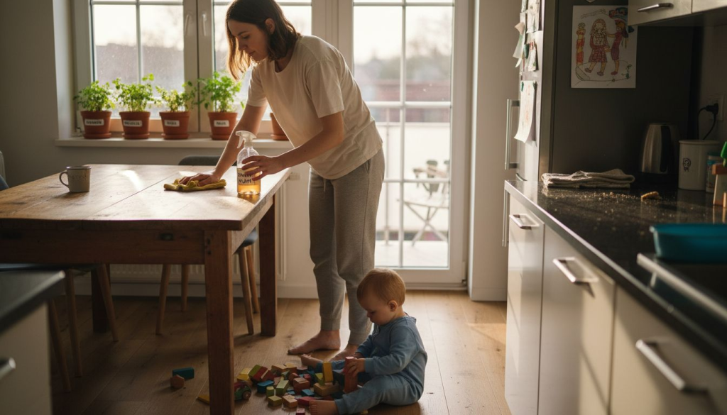 Mama przeciera kuchenny stół przy użyciu ekologicznych środków czystości.