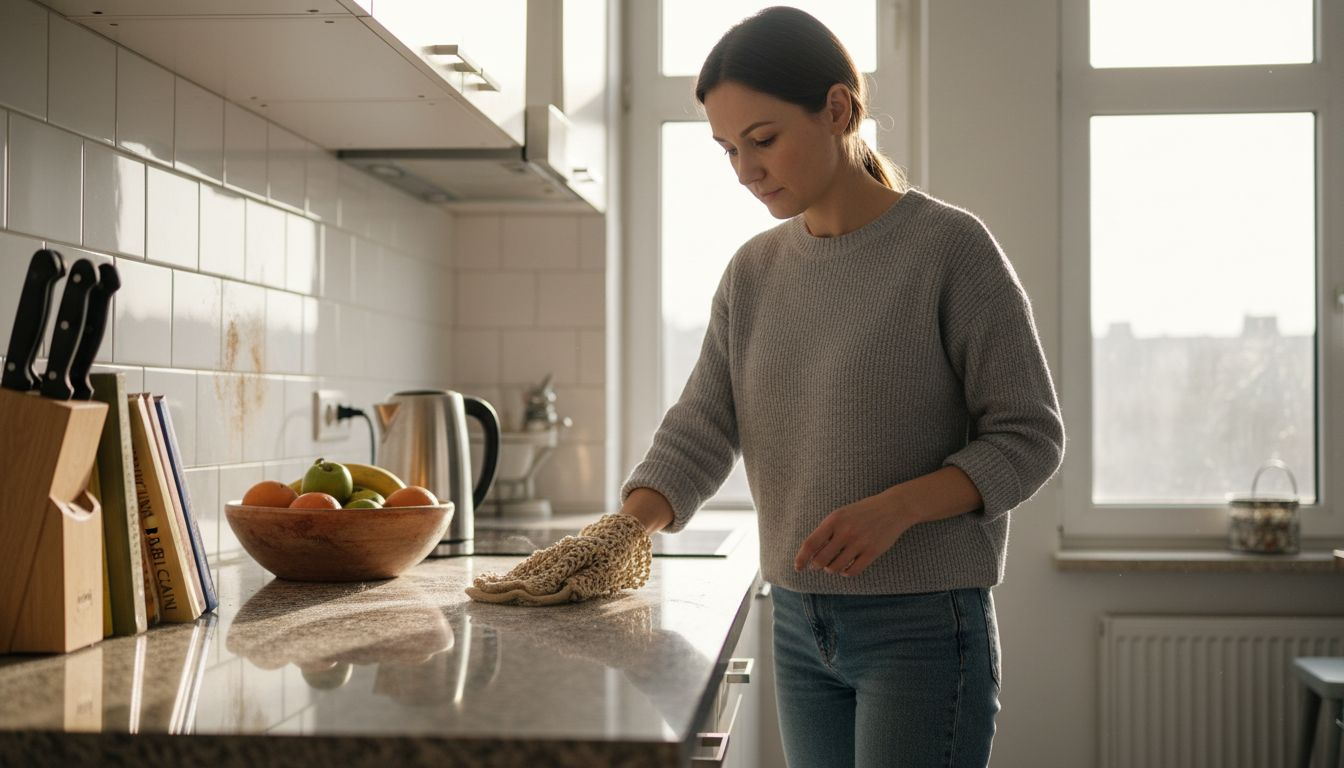 A woman in a gray sweater and jeans wipes a kitchen countertop with a cloth, demonstrating co to jest sprzątanie bez wody. The bright kitchen features natural light, with a bowl of fruit, cookbooks, and utensils visible on the counter.