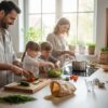 A family of four is preparing a meal together in a bright kitchen, emphasizing rola produktów ekologicznych w domu. The father slices vegetables, the mother cooks, and two children mix salad. A chalkboard shows a Polish menu: salad and vegetable soup.