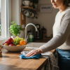 A woman in a light sweater wipes a wooden kitchen counter near a bowl of fresh fruit, using co to są akcesoria czyszczące, with sunlight streaming in. Plants and kitchen items are visible in the background.