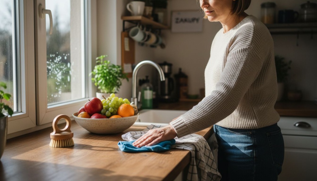 A woman in a light sweater wipes a wooden kitchen counter near a bowl of fresh fruit, using co to są akcesoria czyszczące, with sunlight streaming in. Plants and kitchen items are visible in the background.