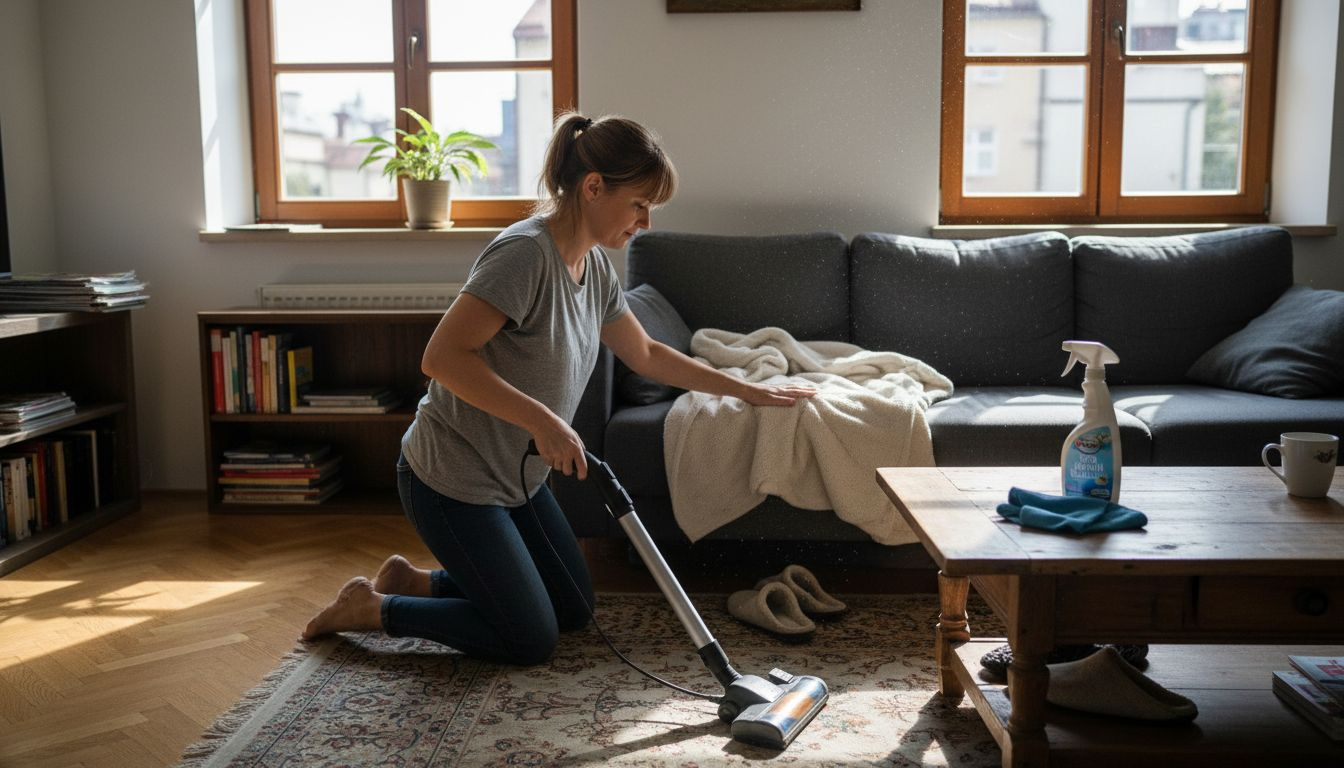 Kobieta odkurza salon w swoim mieszkaniu, gdzie panuje lekki bałagan.
