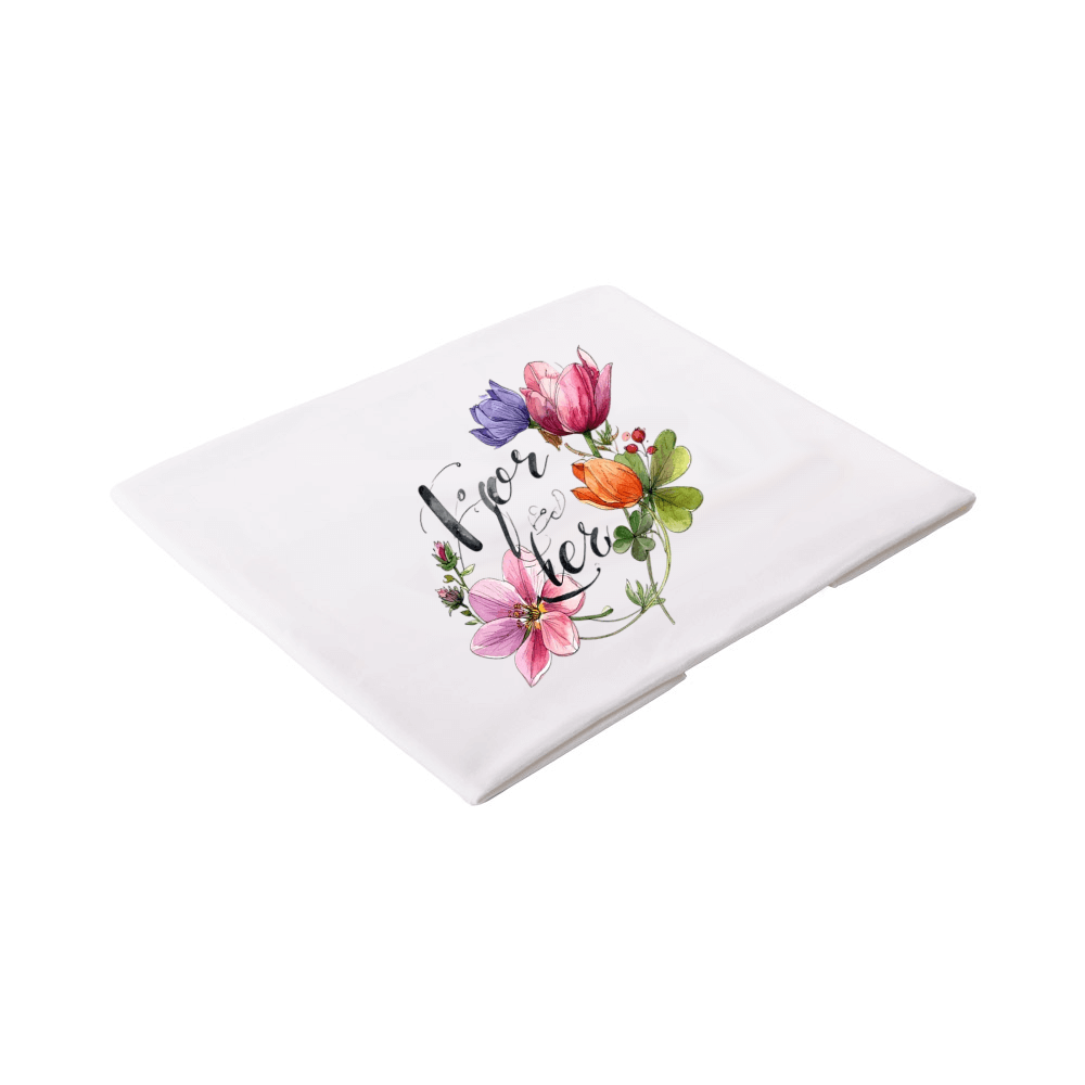 484 The Ręcznik biały Sunbeam Sport 50x80cm (Kopia) is a folded white towel with a colorful floral design in pink, purple, red, and green around elegant script reading "for her.