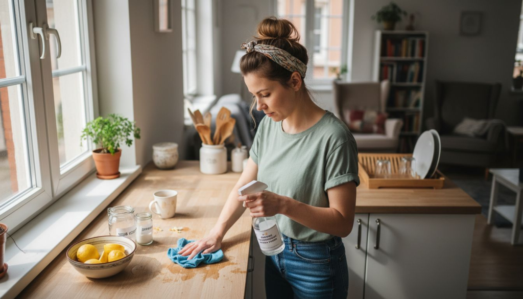 Kobieta sprząta kuchnię w duchu zero waste, korzystając z ekologicznych rozwiązań i rezygnując z jednorazowych środków czystości.