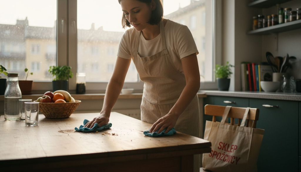Kobieta sprząta kuchnię, używając wyłącznie ekologicznych, nieplastikowych akcesoriów.