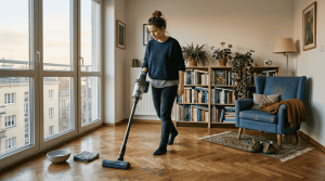 Kobieta dbająca o czystość w domu, sprzątająca w sposób przyjazny dla środowiska
