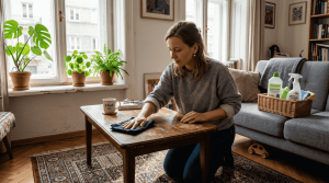 Kobieta sprząta stół w swoim domu, korzystając z ekologicznych środków czystości.