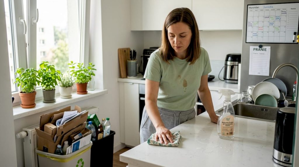 Kobieta sprząta kuchnię w słonecznym, ekologicznym stylu