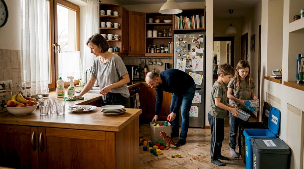 Rodzina wspólnie dba o czystość kuchni, korzystając z ekologicznych sposobów sprzątania.