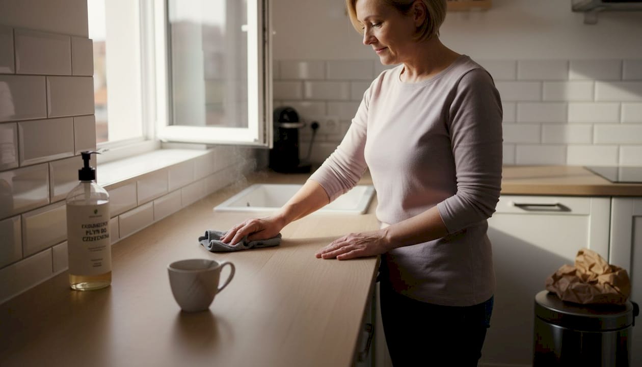Kobieta sprząta kuchenny blat, używając przyjaznego dla środowiska środka czystości.
